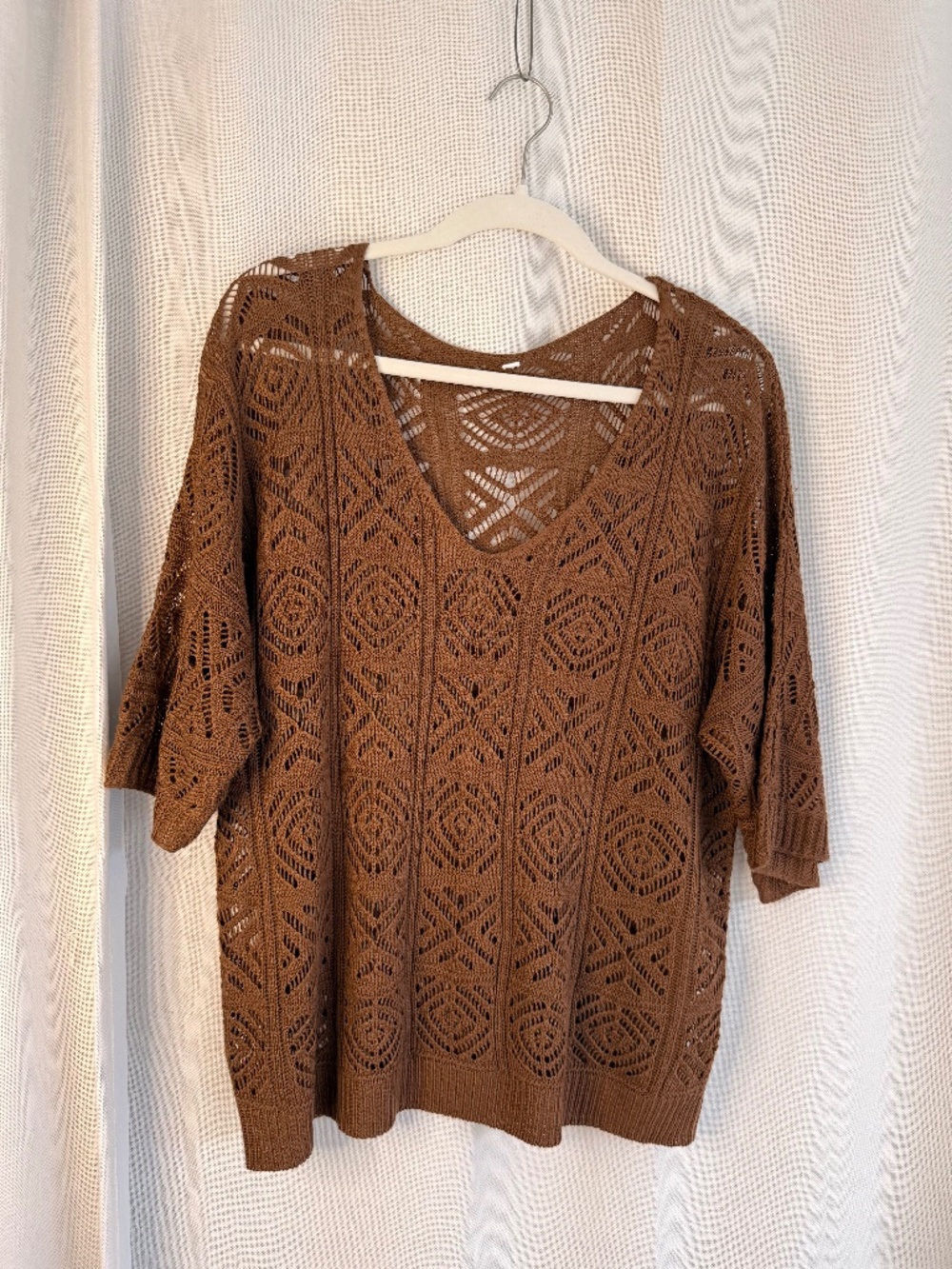 Crochet Off-shoulder Sweater Brown Large